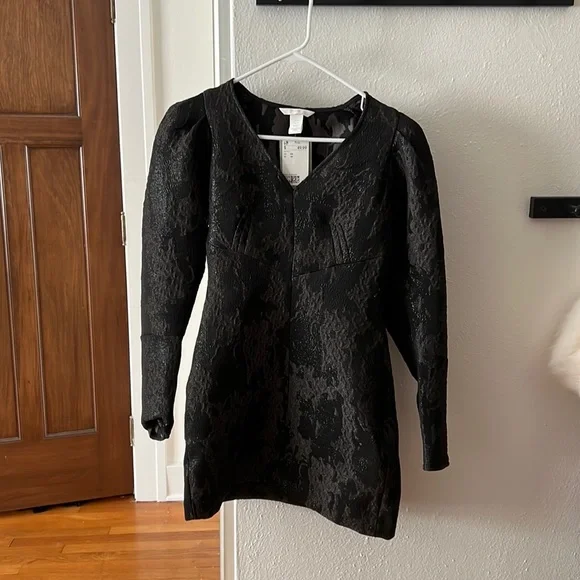 h&m puff sleeve mini dress Women's Black Tie-back Puffy Dress